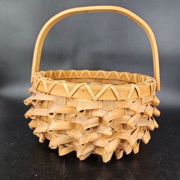 Vintage Porcupine Curls Pokey Round Wicker Basket with Handle Woven Carrier 9" - Picture 3 of 10